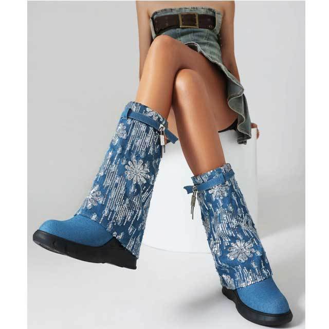 Shark Lock Sequin Denim Boots