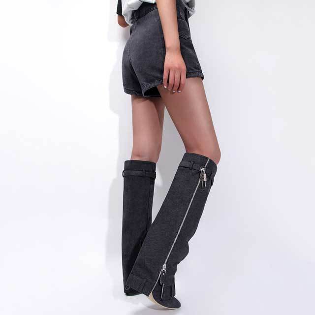 Shark Lock High Heeled Denim Boots