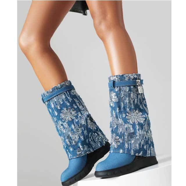 Shark Lock Sequin Denim Boots