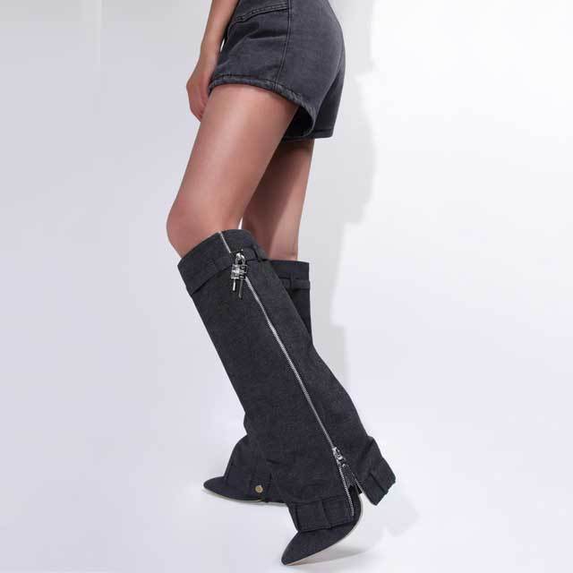 Shark Lock High Heeled Denim Boots