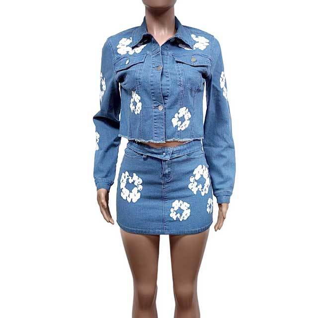 Printed Denim Jacket Top Skirt Set