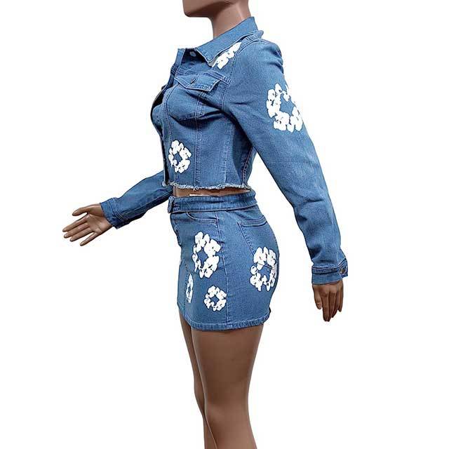 Printed Denim Jacket Top Skirt Set