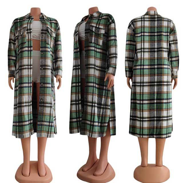 Button Plaid Trench Coat