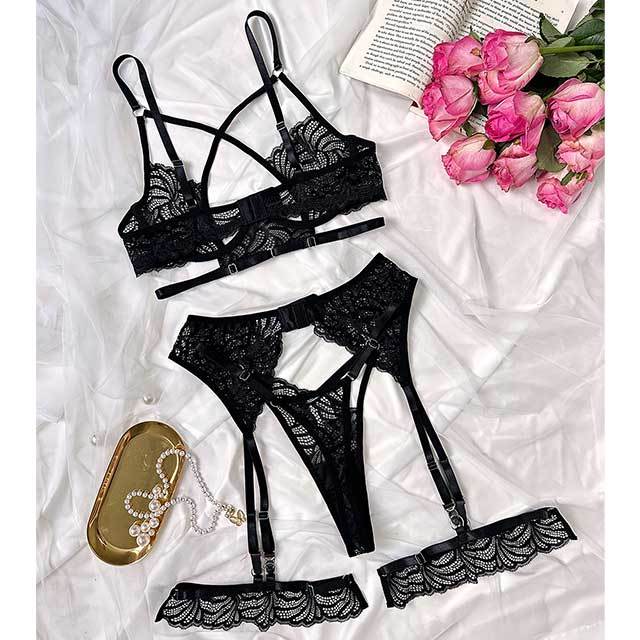 Criss Cross Hollow Out Lace Bra Set