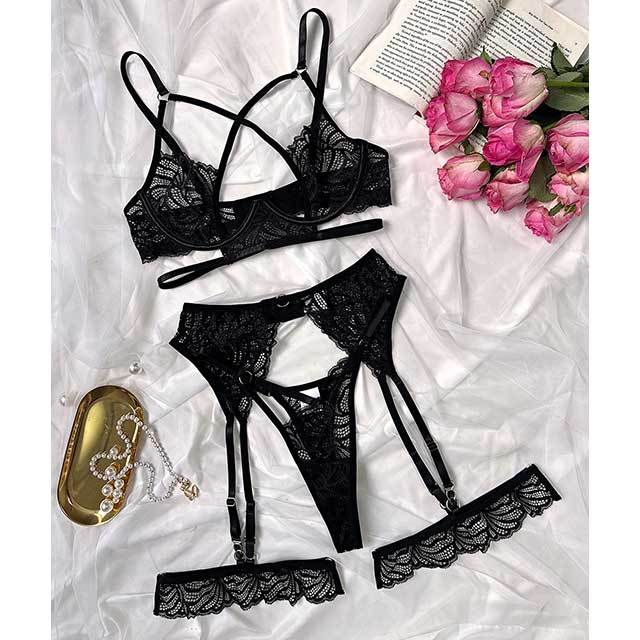 Criss Cross Hollow Out Lace Bra Set