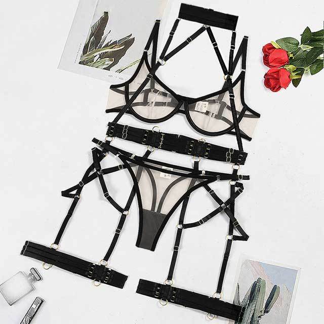 Sheer Mesh Straps Garter Lingerie Set