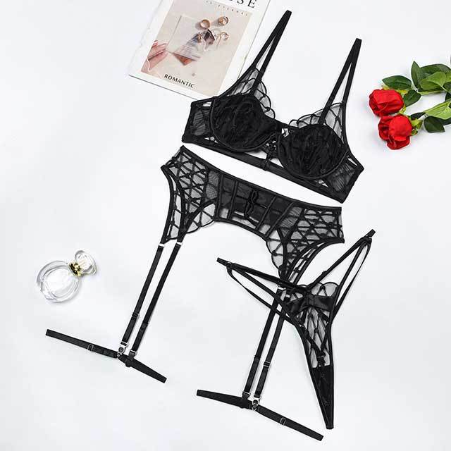 Diamond Mesh Patchwork Lingerie Bra Set