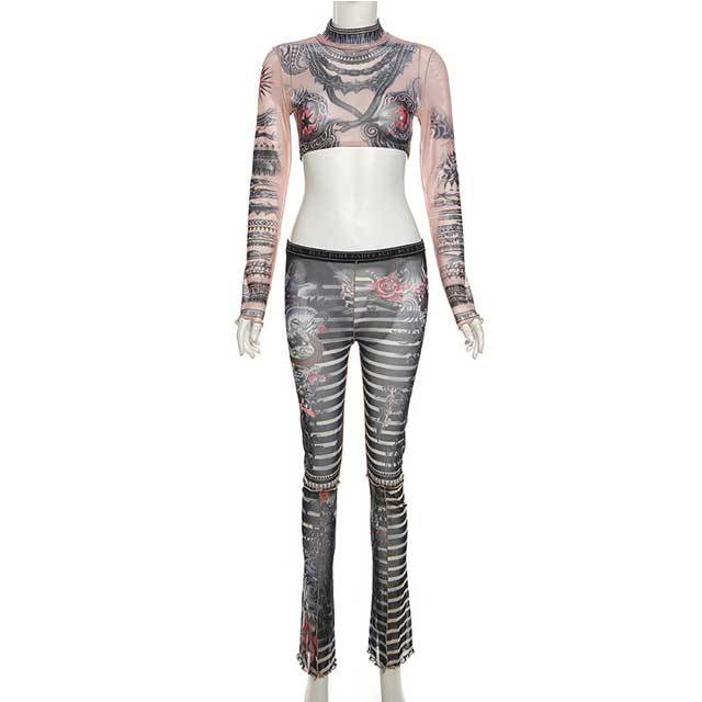 Mesh Printed Bell Pants Set