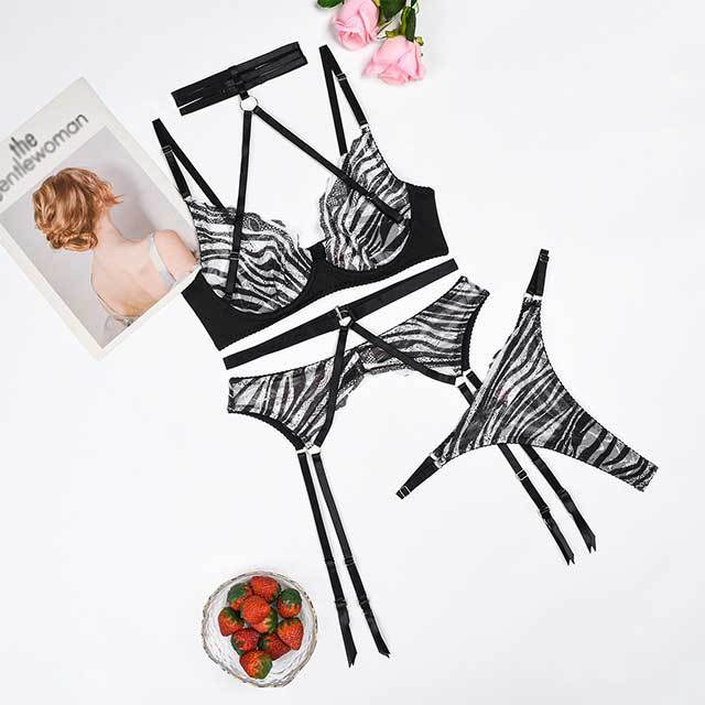 Zebra Printed Cross Neck Collar Bra Set