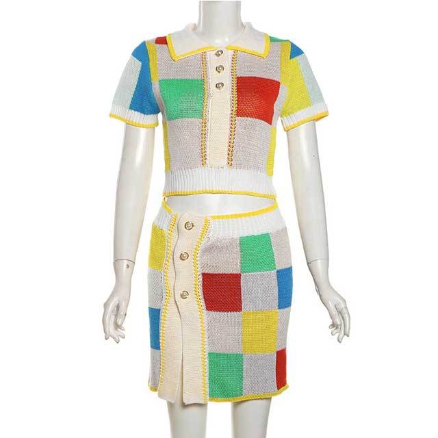 Knit Color Block Slit Skirt Set