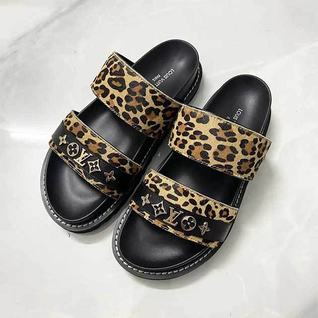 Open Toe Leopard Printed Flat Slides