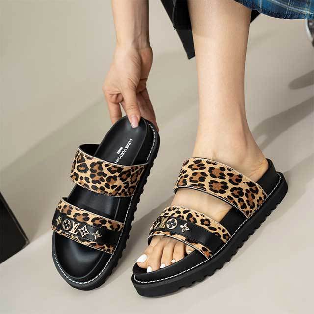 Open Toe Leopard Printed Flat Slides