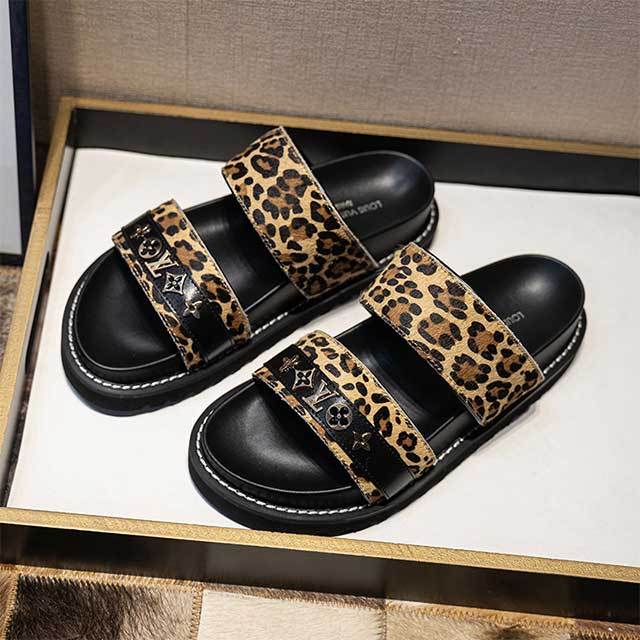 Open Toe Leopard Printed Flat Slides