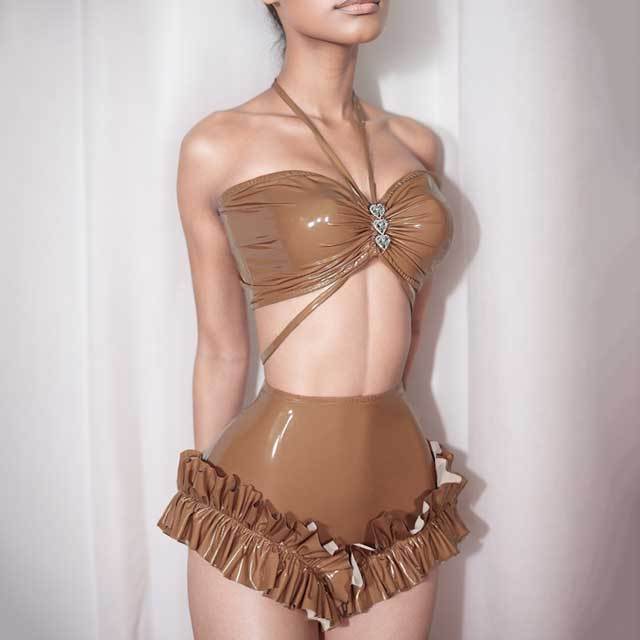 Leather High Waist Ruched Short Set