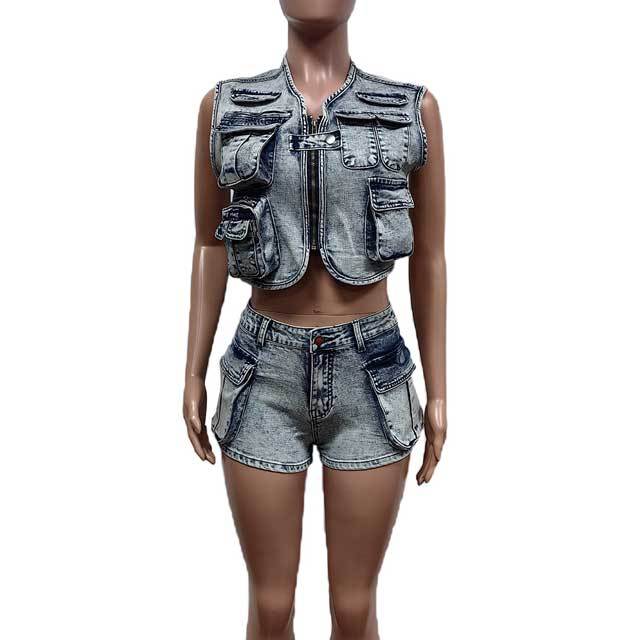 Multi Pockets Denim Cargo Shorts Set
