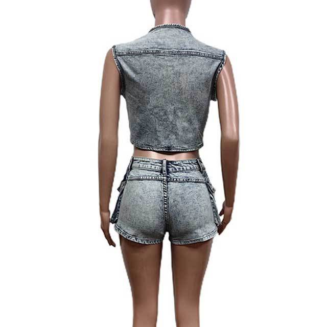 Multi Pockets Denim Cargo Shorts Set