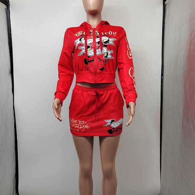 Printed Zipper Jacket Top Skirt Set