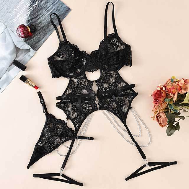 Black Lace Hollow Out Lingerie Bra Set