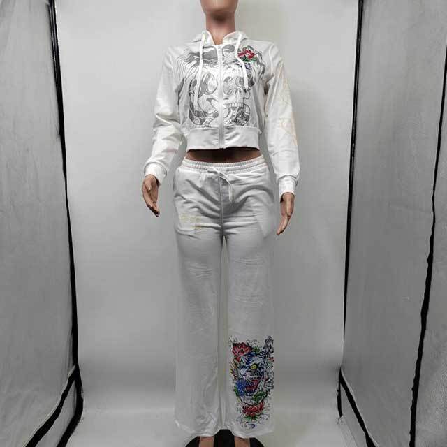 Printed Zipper Jacket Top Casual Jogging Suit