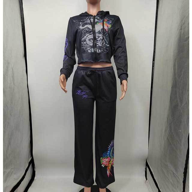 Printed Zipper Jacket Top Casual Jogging Suit