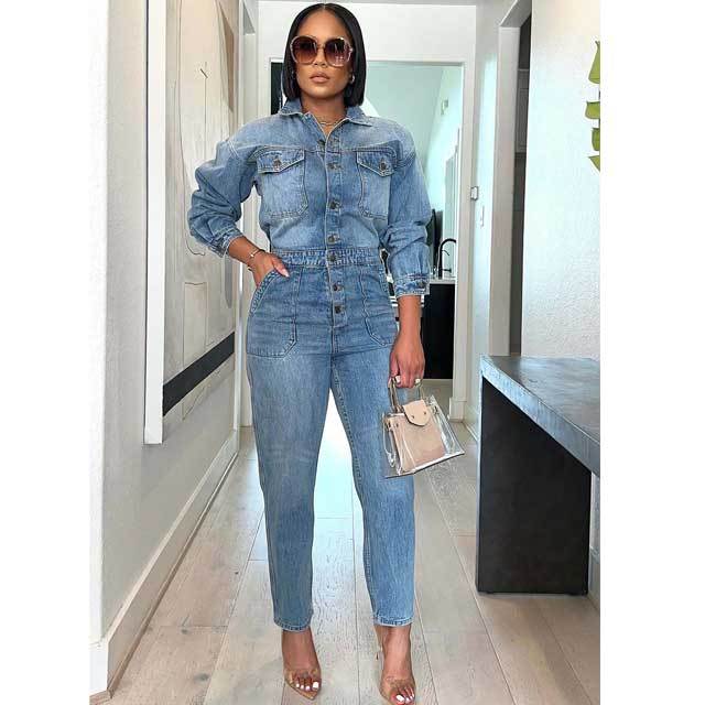 Denim Button Cargo Jumpsuit