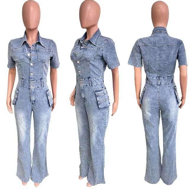 Denim Short Sleeve Cargo Jumpsuit