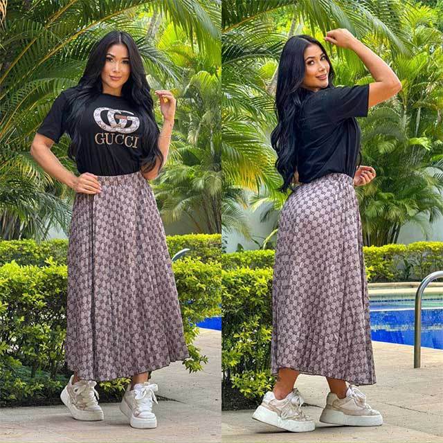 Casual O Neck T Shirt Printed Pleated Skirt Set