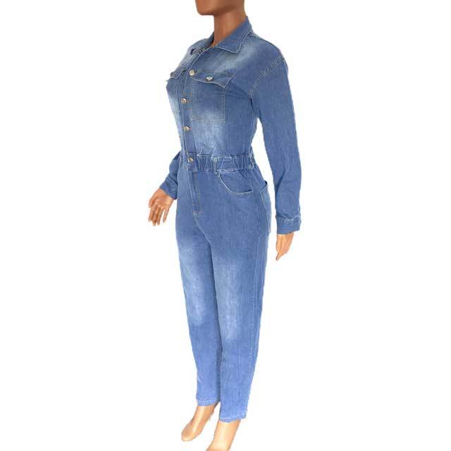 Button Long Sleeve Denim Jumpsuit Overalls