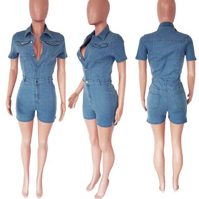 Denim Fitted Cargo Romper