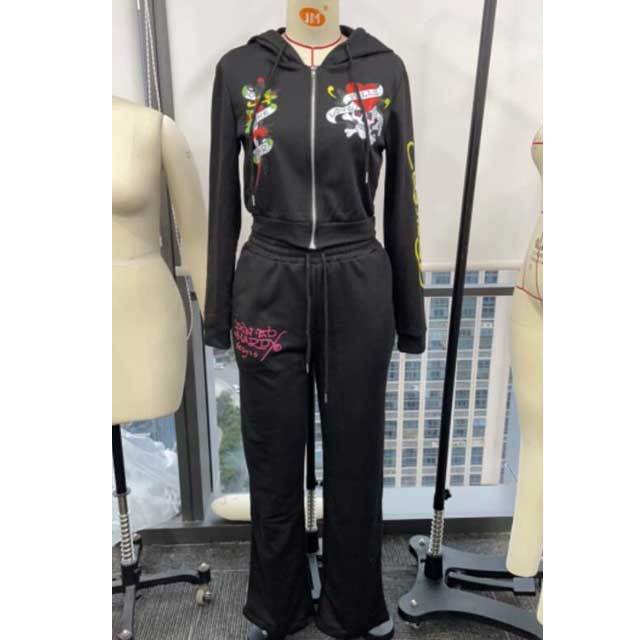 Printed Hooded Jacket Top Casual Jogging Suit