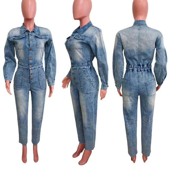 Denim Button Cargo Jumpsuit