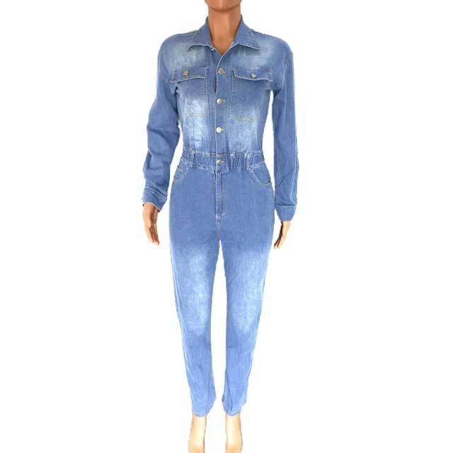 Button Long Sleeve Denim Jumpsuit Overalls