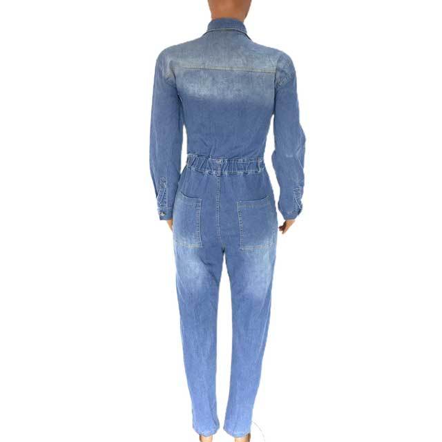 Button Long Sleeve Denim Jumpsuit Overalls