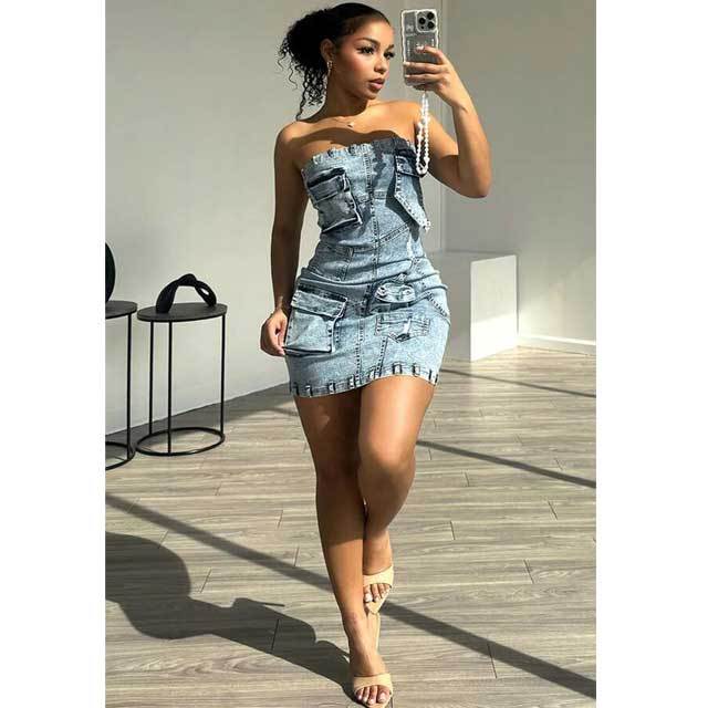 Strapless Denim 3D Dress