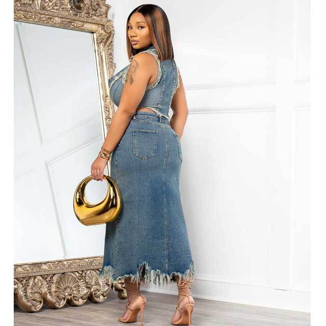 Denim Zipper Top Slit Skirt Set