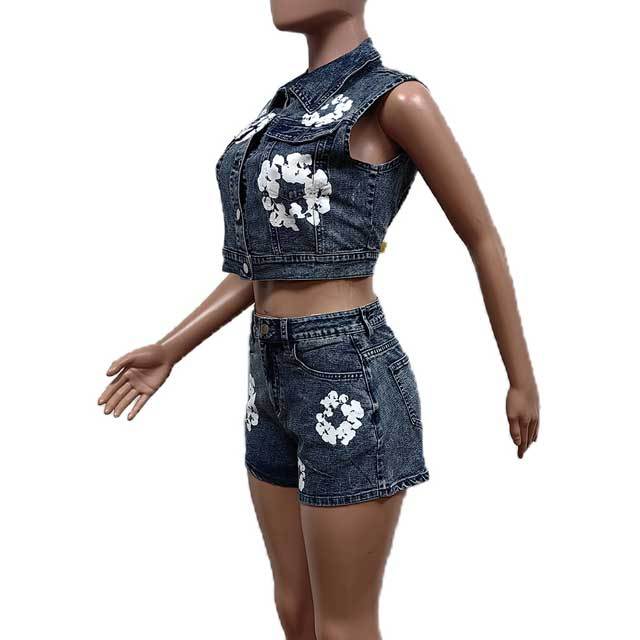 Printed Denim Jacket Top Short Set