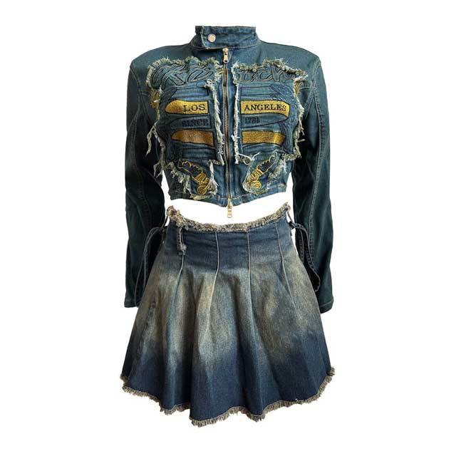 Denim Embroidery Jacket Top Pleated Skirt Set