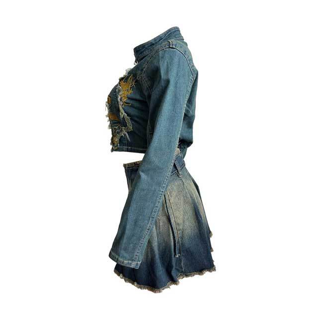 Denim Embroidery Jacket Top Pleated Skirt Set