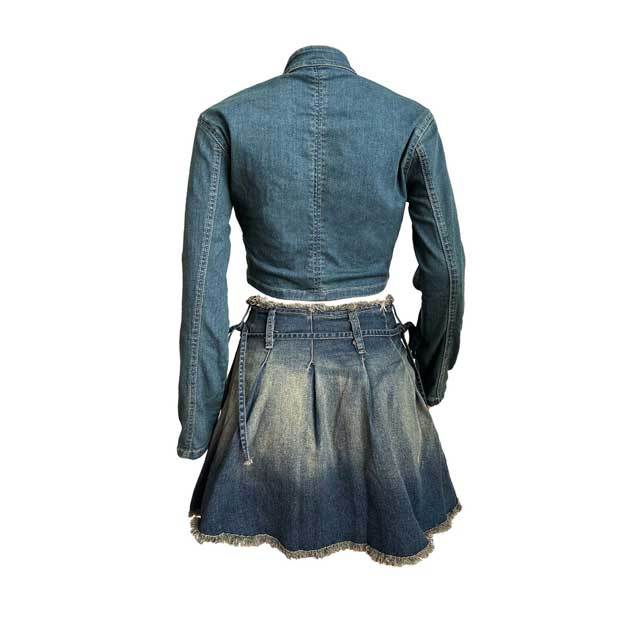 Denim Embroidery Jacket Top Pleated Skirt Set