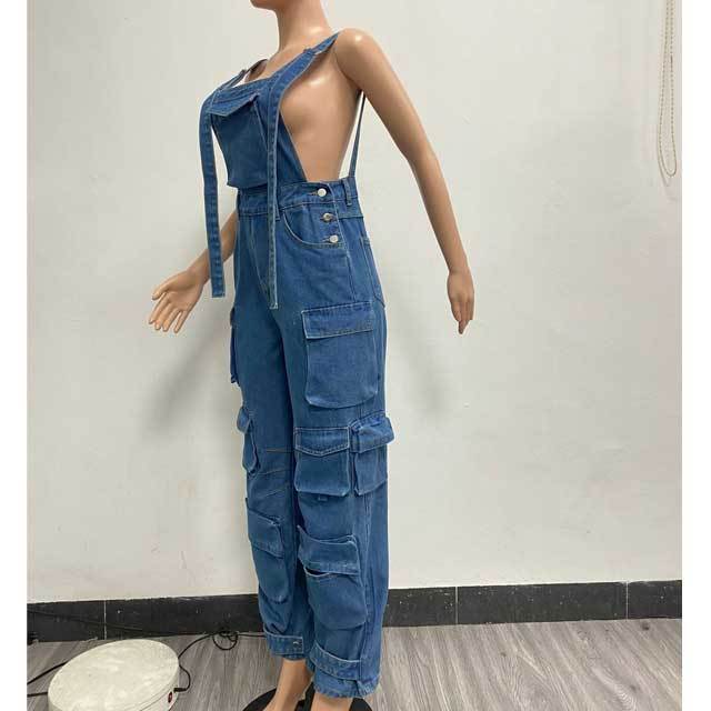 Multi Pockets Denim Backless Jumpsuit Overalls