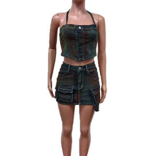 Denim Halter Top Cargo Skirt Set