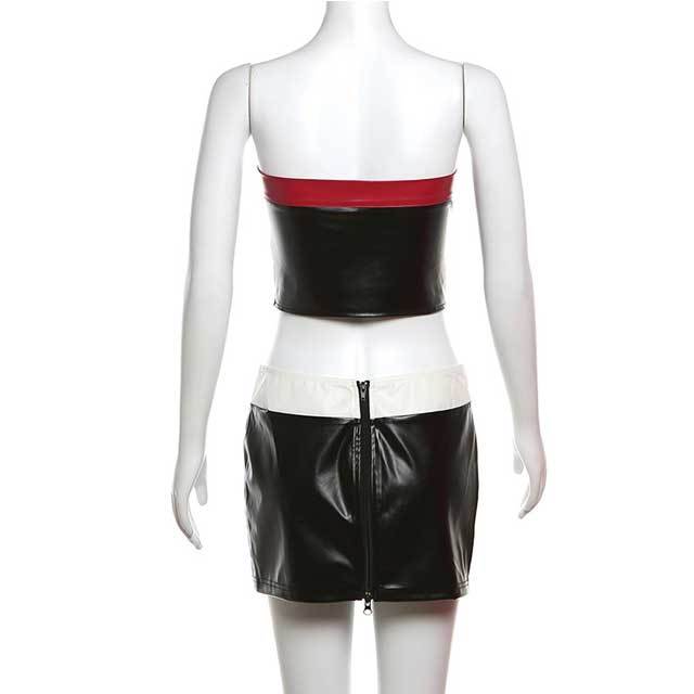 Color Block Leather Tube Top Skirt Set