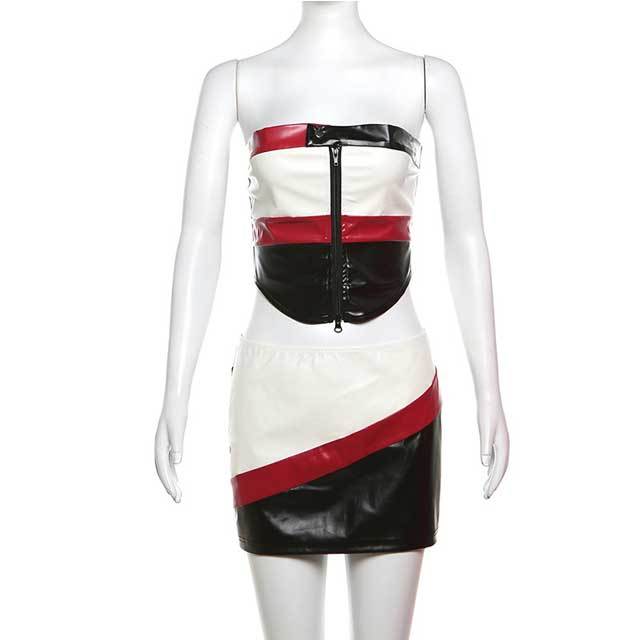 Color Block Leather Tube Top Skirt Set