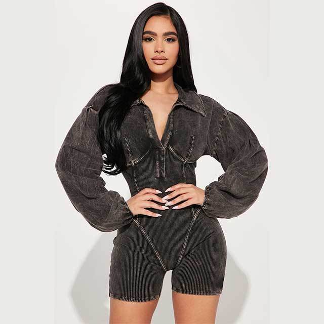 Deep V Neck Long Sleeve Bodycon Romper