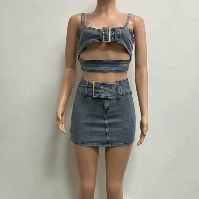 Buckle Strap Denim Hollow Out Top Skirt Set