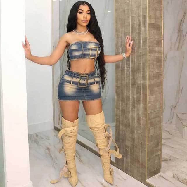 Buckle Strap Denim Tube Top Skirt Set