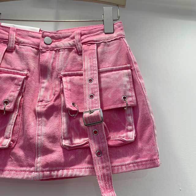 Buckle Strap Denim Cargo Skirt