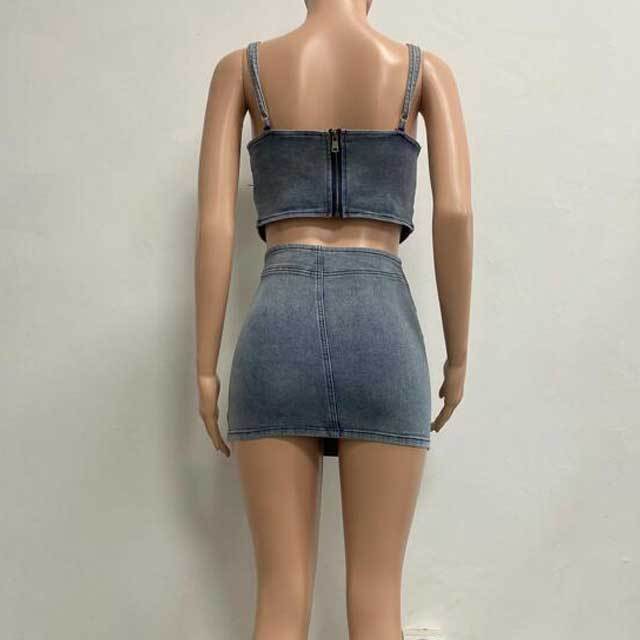 Buckle Strap Denim Hollow Out Top Skirt Set
