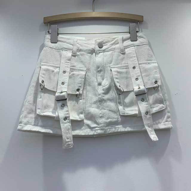Buckle Strap Denim Cargo Skirt