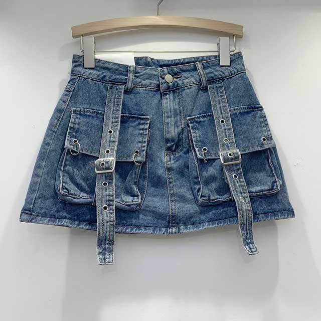 Buckle Strap Denim Cargo Skirt